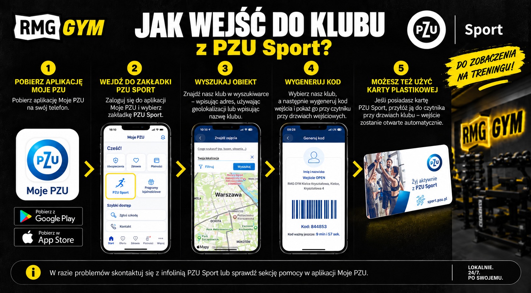 Jak wejść do RMG GYM z kartą PZU Sport - pobierz aplikację PZU Sport z Google Play lub App Store